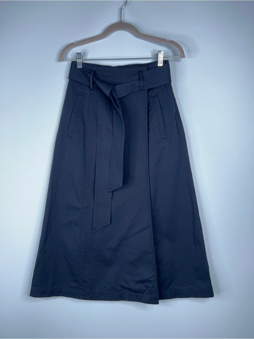 Uniqlo C Collection Belted Flare Skirt Navy Tie Waist Cotton Blend Size Small